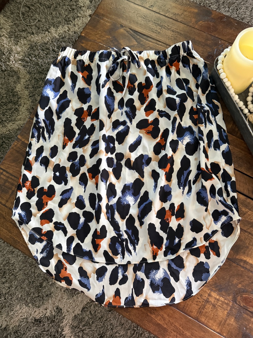 SHEIN White Satin Circle Skirt with Black, Blue & Orange Abstract Spots